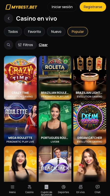 Interfaz del casino en vivo de MyBest