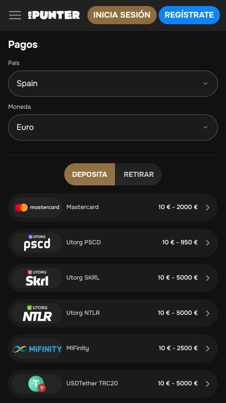 Sección de métodos de pago en MrPunter