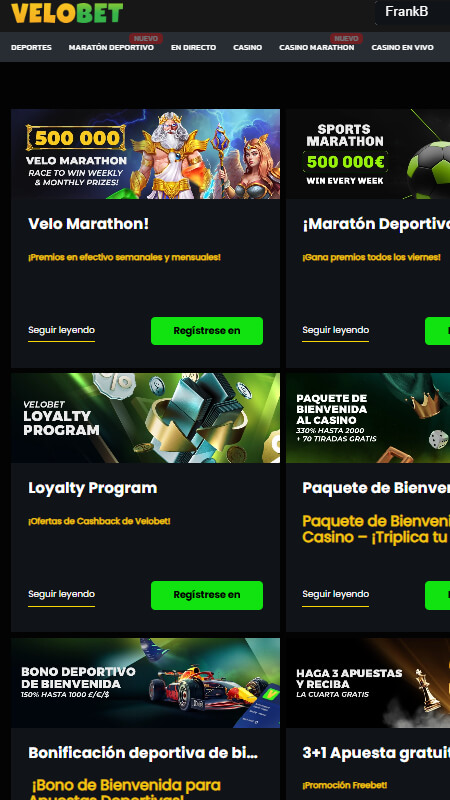 Velobet Bonuses page ES