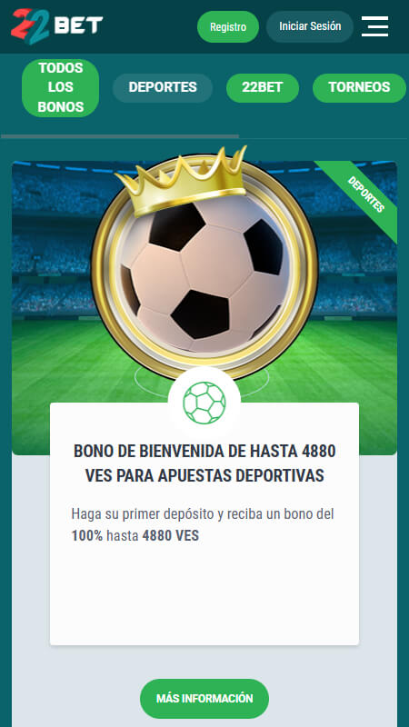 22Bet Bookmaker welcome bonus for sport Venezuela