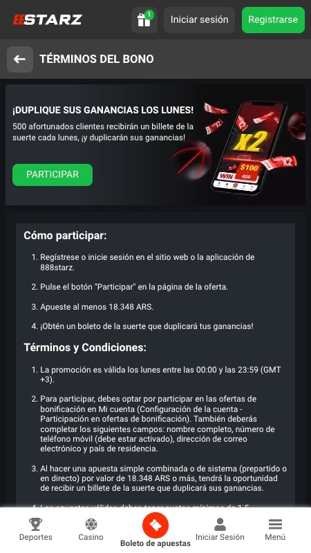 Billete de la suerte en 888Starz