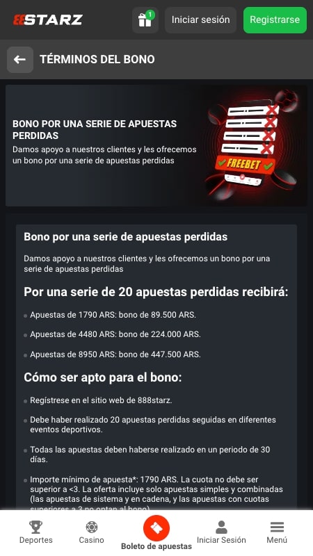 Bono por una serie de apuestas perdidas en 888Starz