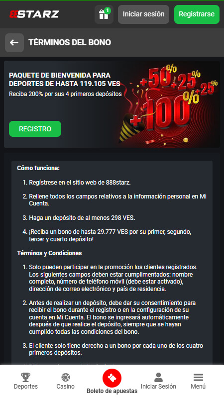 888Starz Bookmaker welcome bonus for sport Venezuela