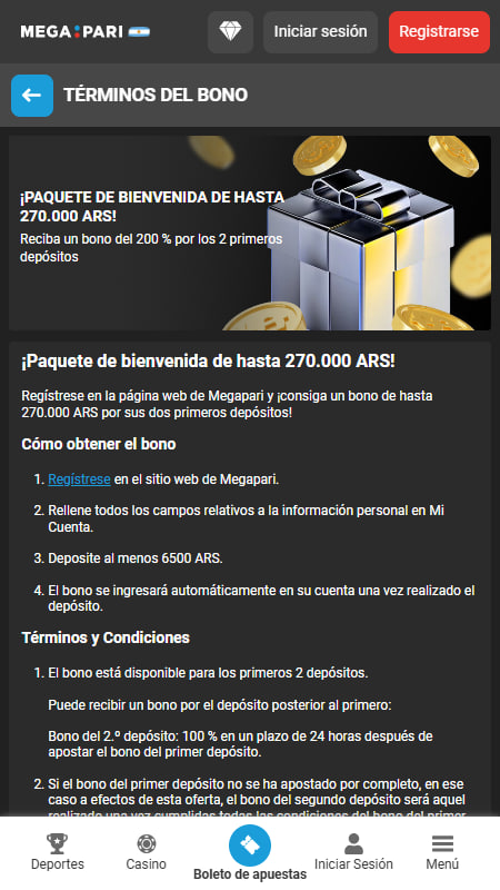 Bonos de bienvenida de Megapari
