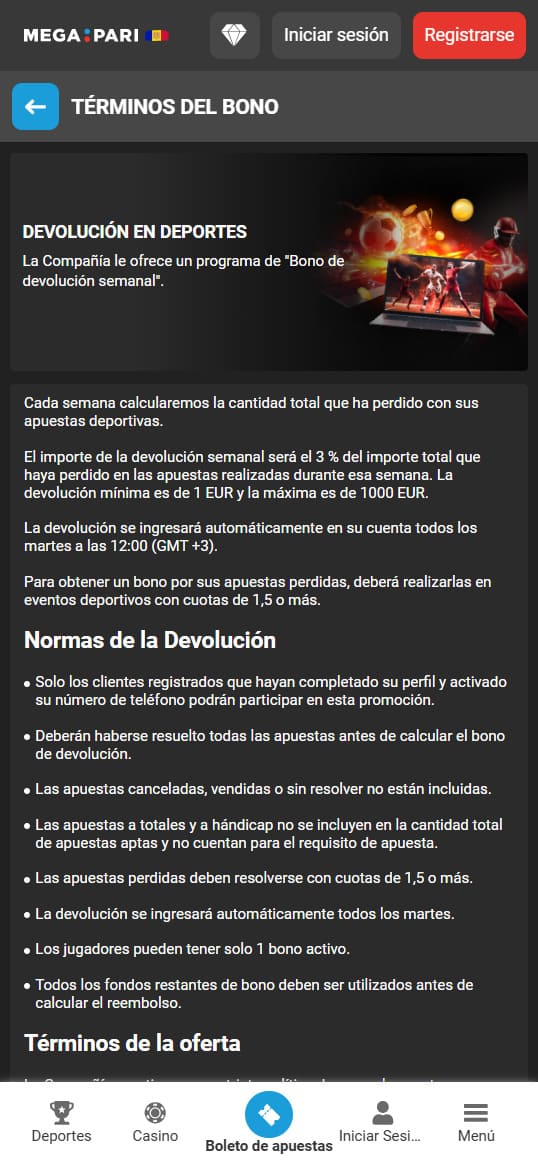 Megapari bono de cashback