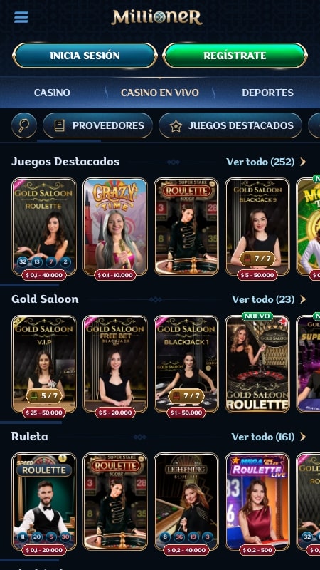 Interfaz del casino en vivo de Millioner