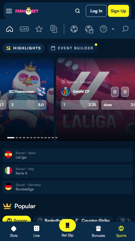 Sección de apuestas deportivas en línea en FanoBet