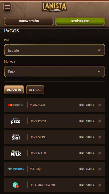 Lanista payment options for players from Spain