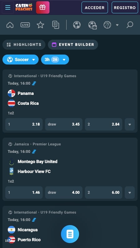 Interfaz de apuestas deportivas de CasinoPeaches