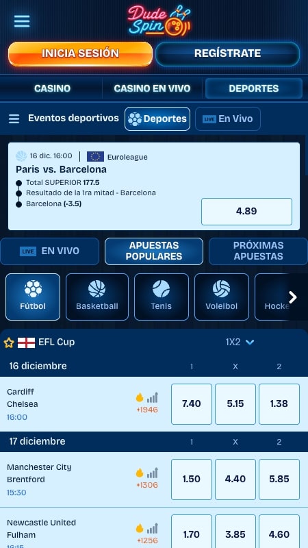 Interfaz de apuestas deportivas de DudeSpin