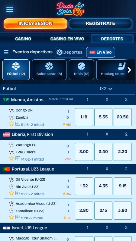 Interfaz de apuestas en vivo de DudeSpin