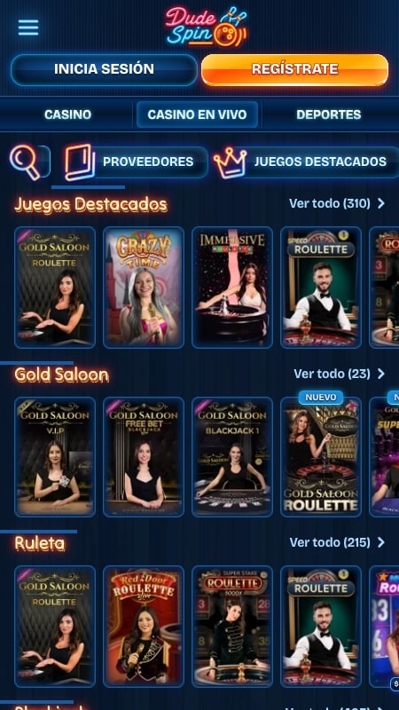 Interfaz del casino en vivo de Dudespin