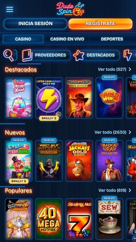 Interfaz del casino de Dudespin