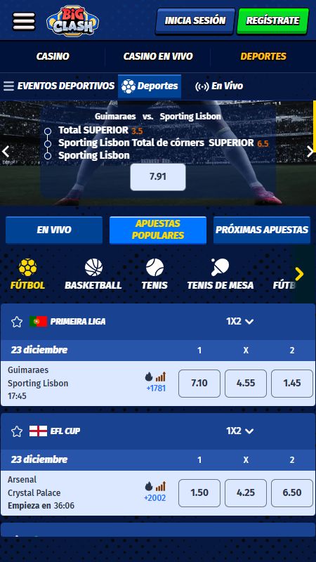 Sección de apuestas deportivas en línea en  Bigclash