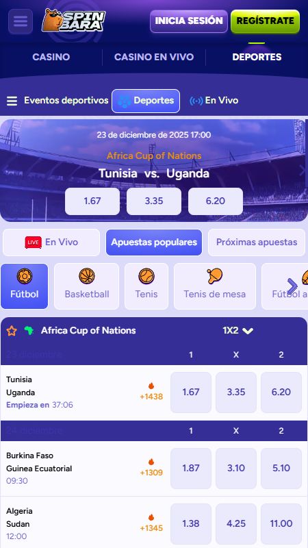 Sección de apuestas deportivas en línea en SpinBara