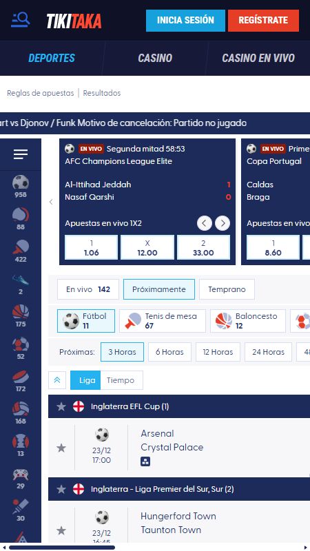 Sección de apuestas deportivas en línea en TikiTaka