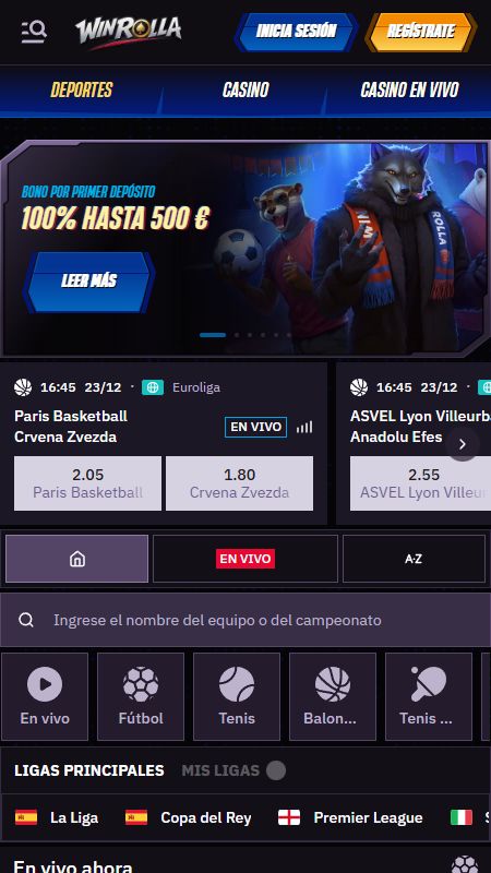 Sección de apuestas deportivas en línea en Winrolla