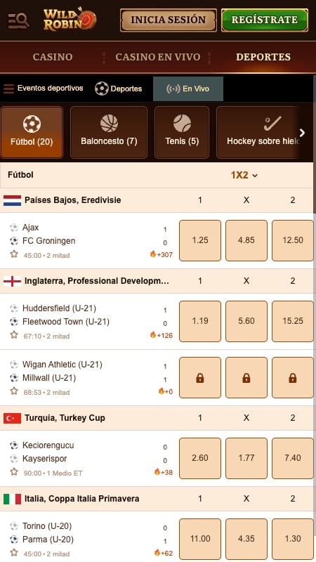 Interfaz de apuestas en vivo de WildRobin