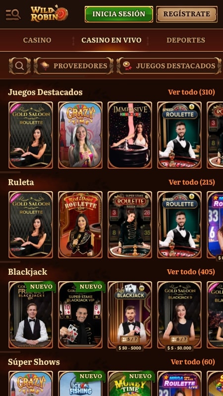Interfaz del casino en vivo de WildRobin