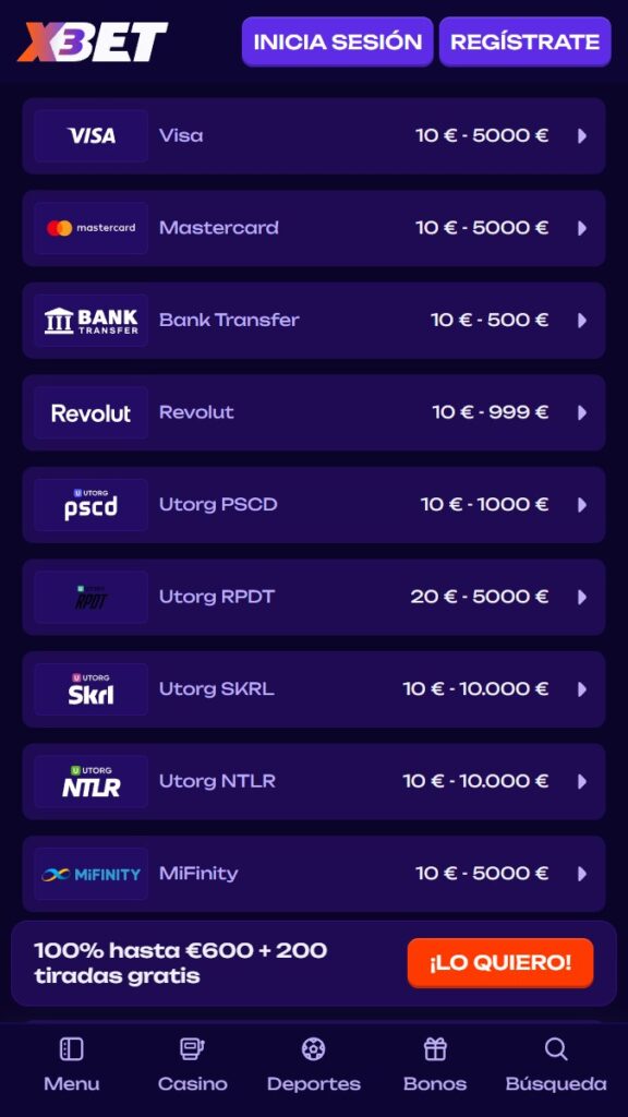 Métodos de pagos en x3bet