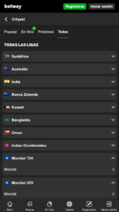 Interfaz de apuestas cricket en Betway España