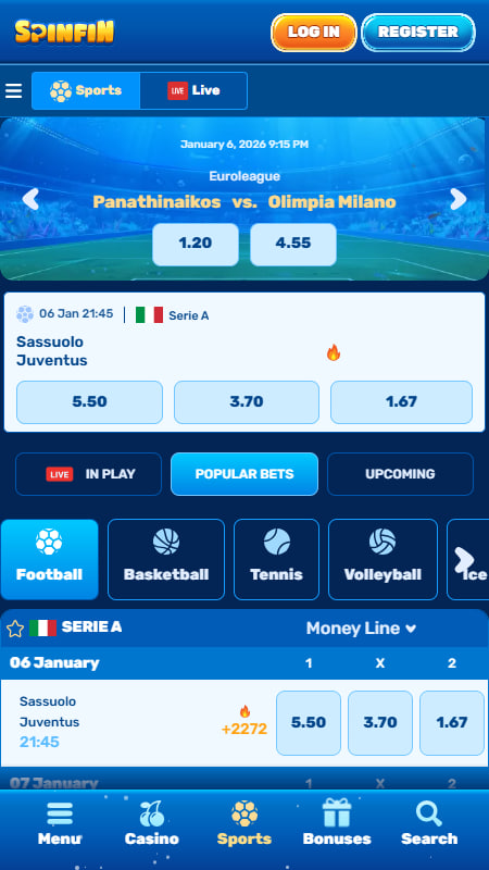 Deportes y mercados en Spinfin Casa de Apuestas