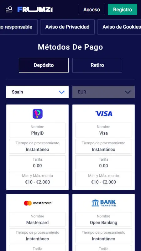 Screenshot der Zahlungsmethoden im Frumzi Casino Kassenbereich mit verschiedenen Optionen wie Kreditkarten und E-Wallets