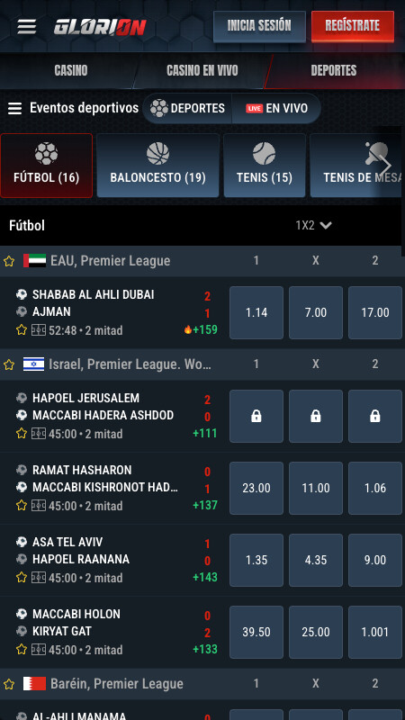 Interfaz de apuestas en vivo de Glorion