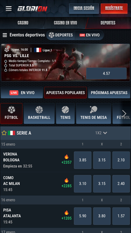 Interfaz de apuestas deportivas de Glorion