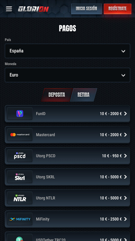 Métodos de pago de Glorion