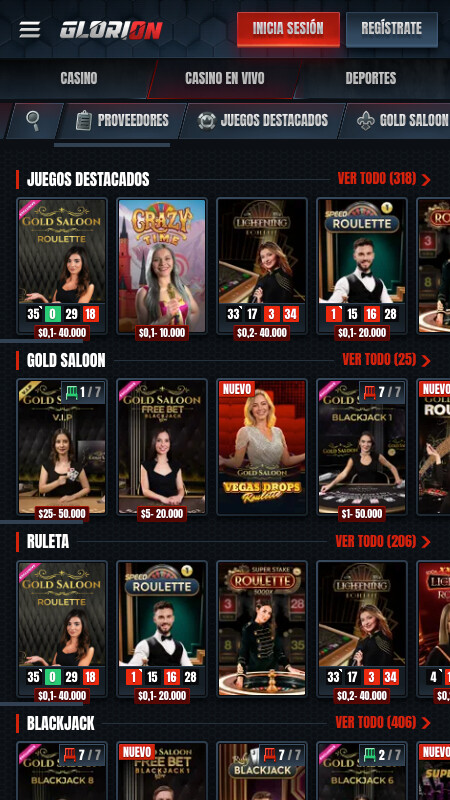 Interfaz del casino en vivo de Glorion