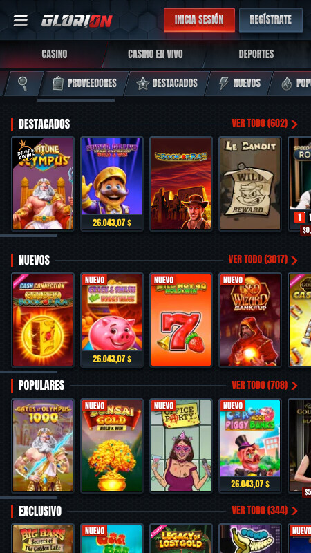 Interfaz del casino de Glorion