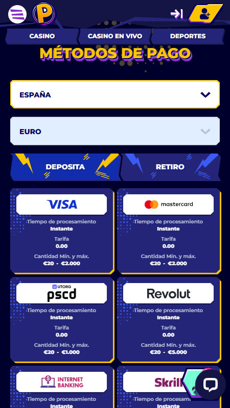 Métodos de depósito y retirada en Mr Pacho Espana