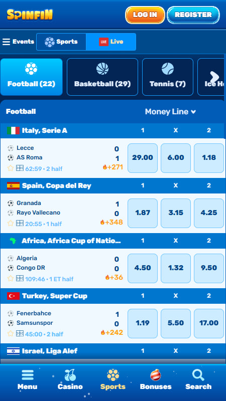 Spinfin Apuestas en vivo y streaming