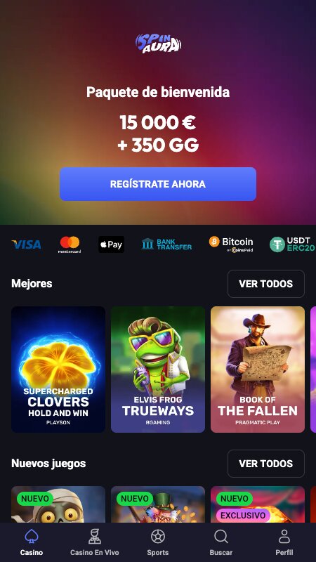 Página principal de la casa de apuestas SpinAura