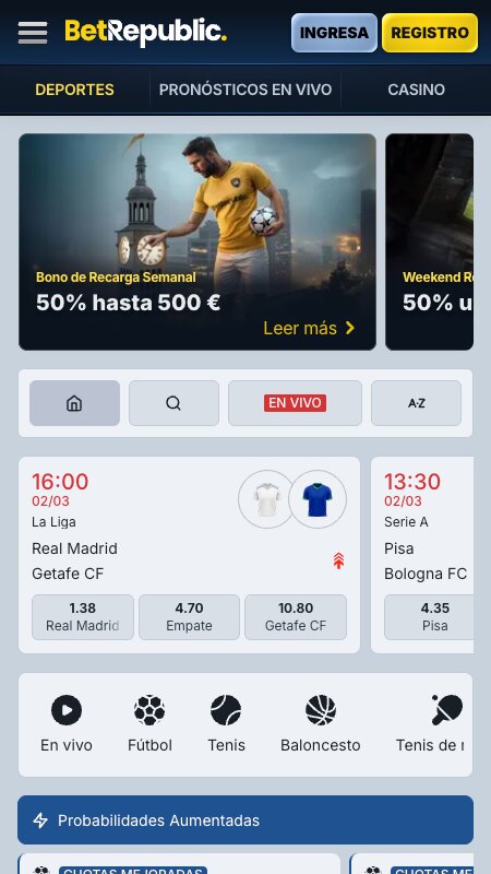 Interfaz de apuestas deportivas de BetRepublic
