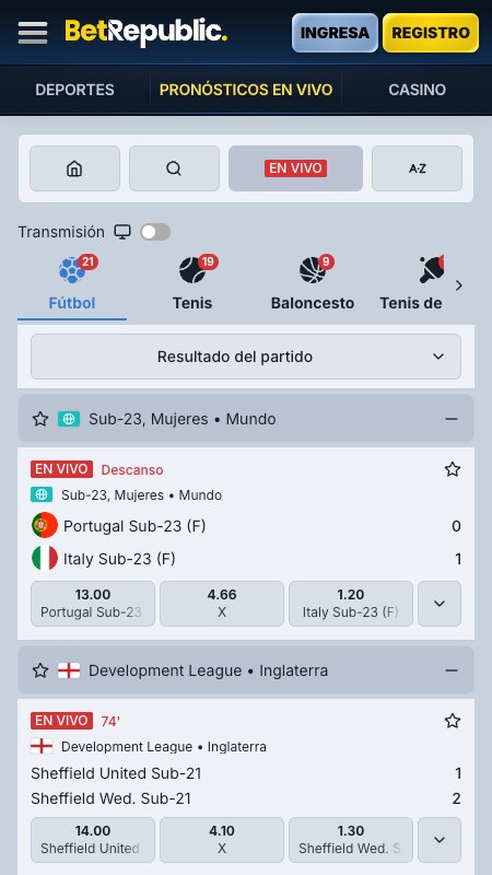 Interfaz de apuestas en vivo de BetRepublic