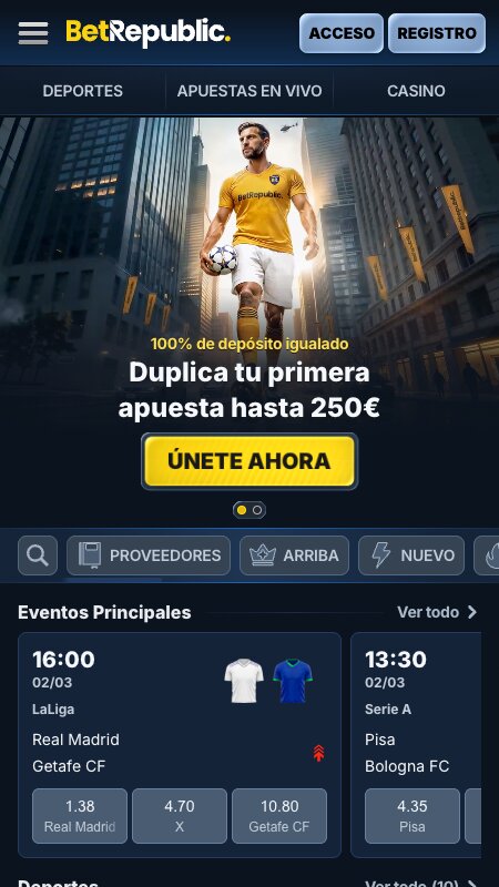 Página principal de la casa de apuestas BetRepublic