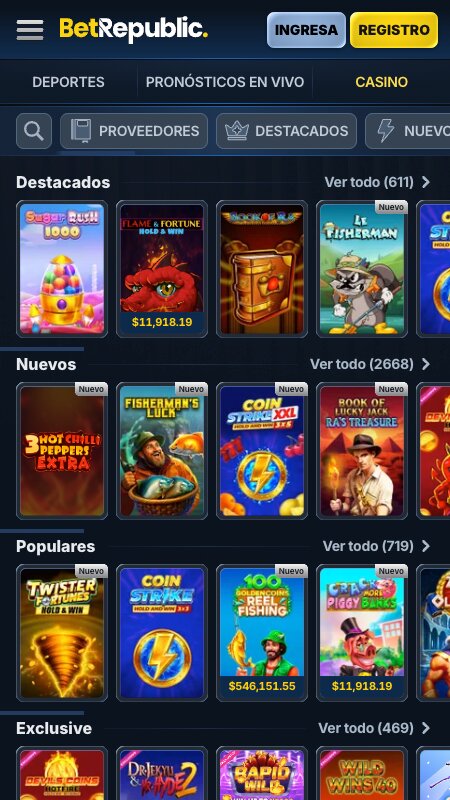 Interfaz del casino de BetRepublic