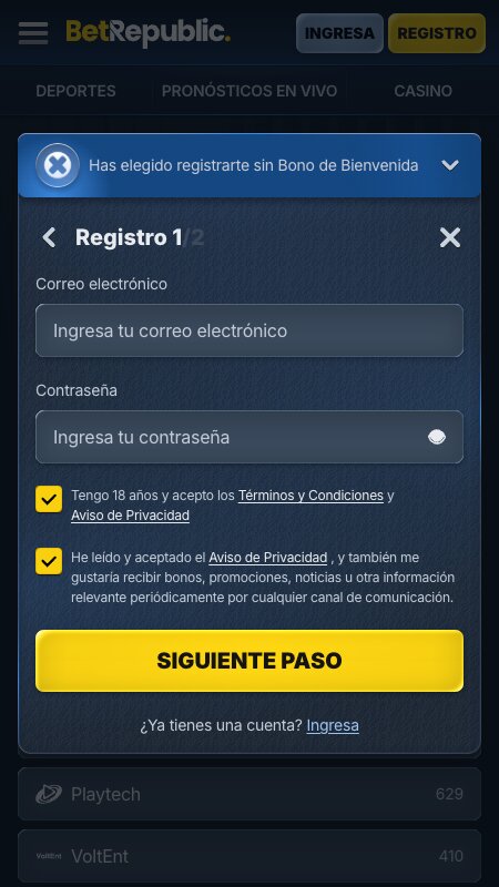 Proceso de registro en BetRepublic: Ingresar tus credenciales