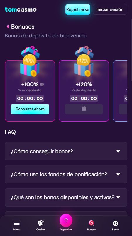 Página de promociones en TomCasino