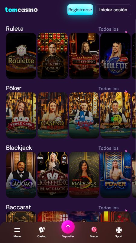 Sección de casino en vivo en TomCasino