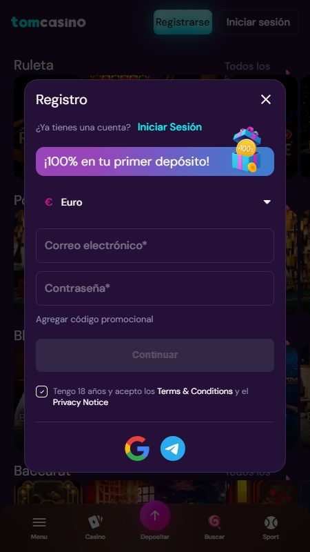 Crear una cuenta en TomCasino
