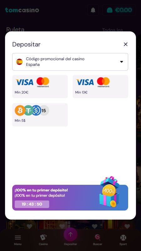 Sección de métodos de pago en TomCasino