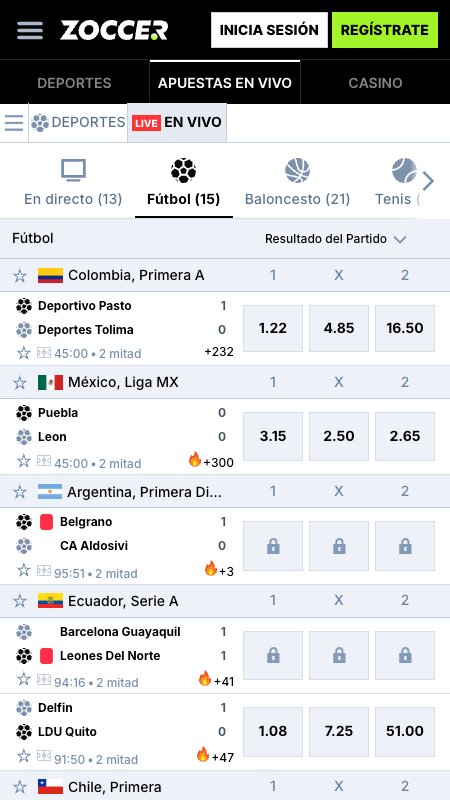 Interfaz de apuestas en vivo de Zoccer