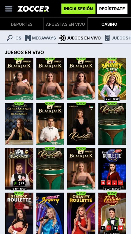 Interfaz del casino en vivo de Zoccer