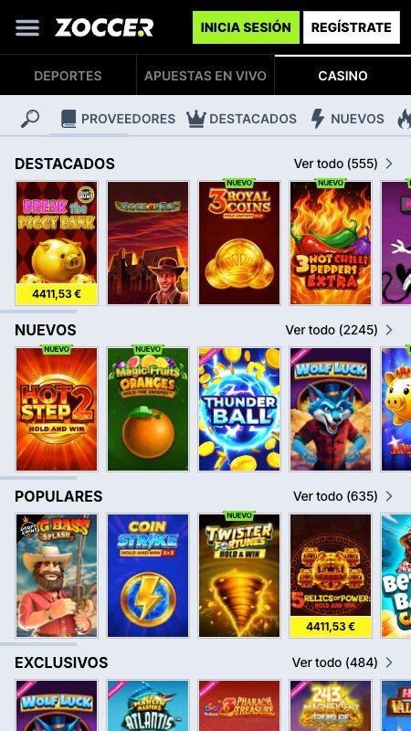 Interfaz del casino de Zoccer