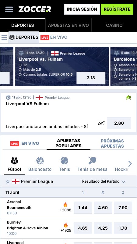 Interfaz de apuestas deportivas de Zoccer