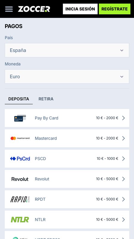 Métodos de pago de Zoccer